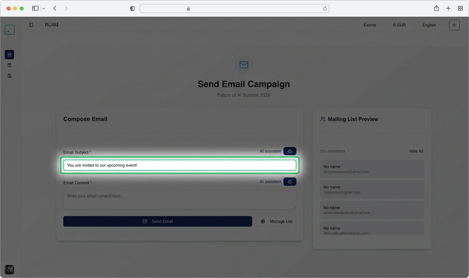 Enter the email subject or use AI assistant