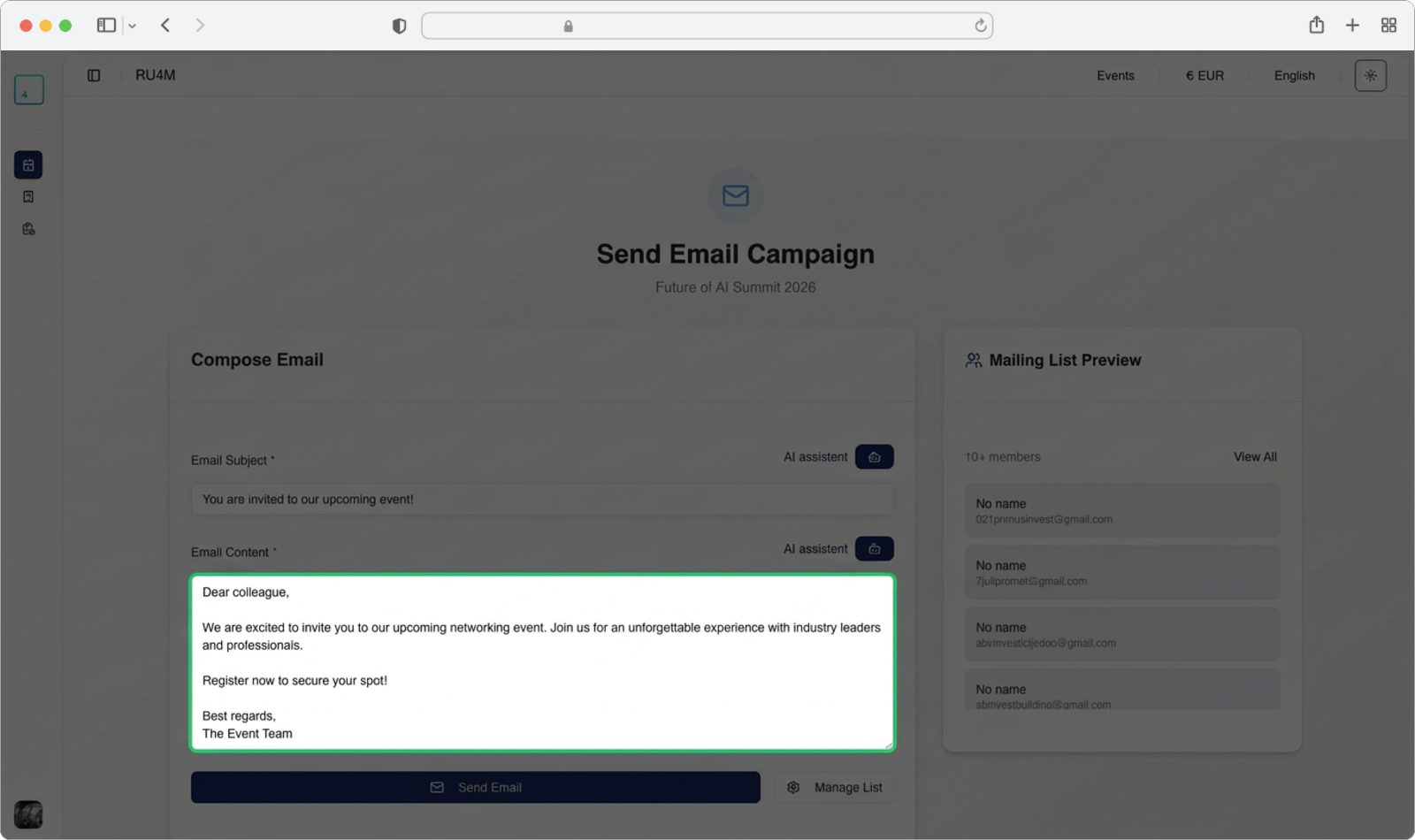 Write the email content or use AI assistant